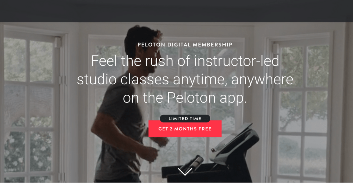 screenshot of the Peleton website with man running on a treadmill
