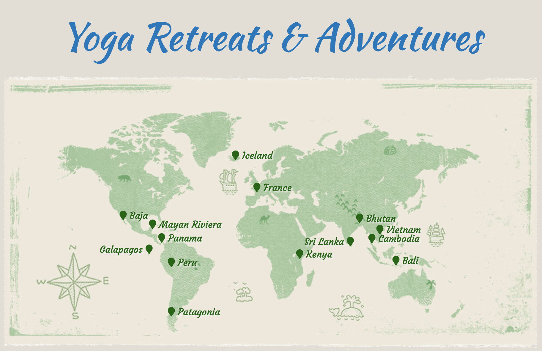 world map showing yoga retreat locations 