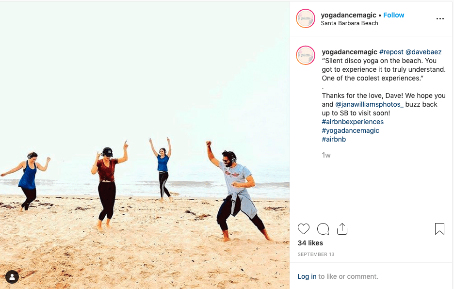 yogdancemagic instagram post of a class on the beach