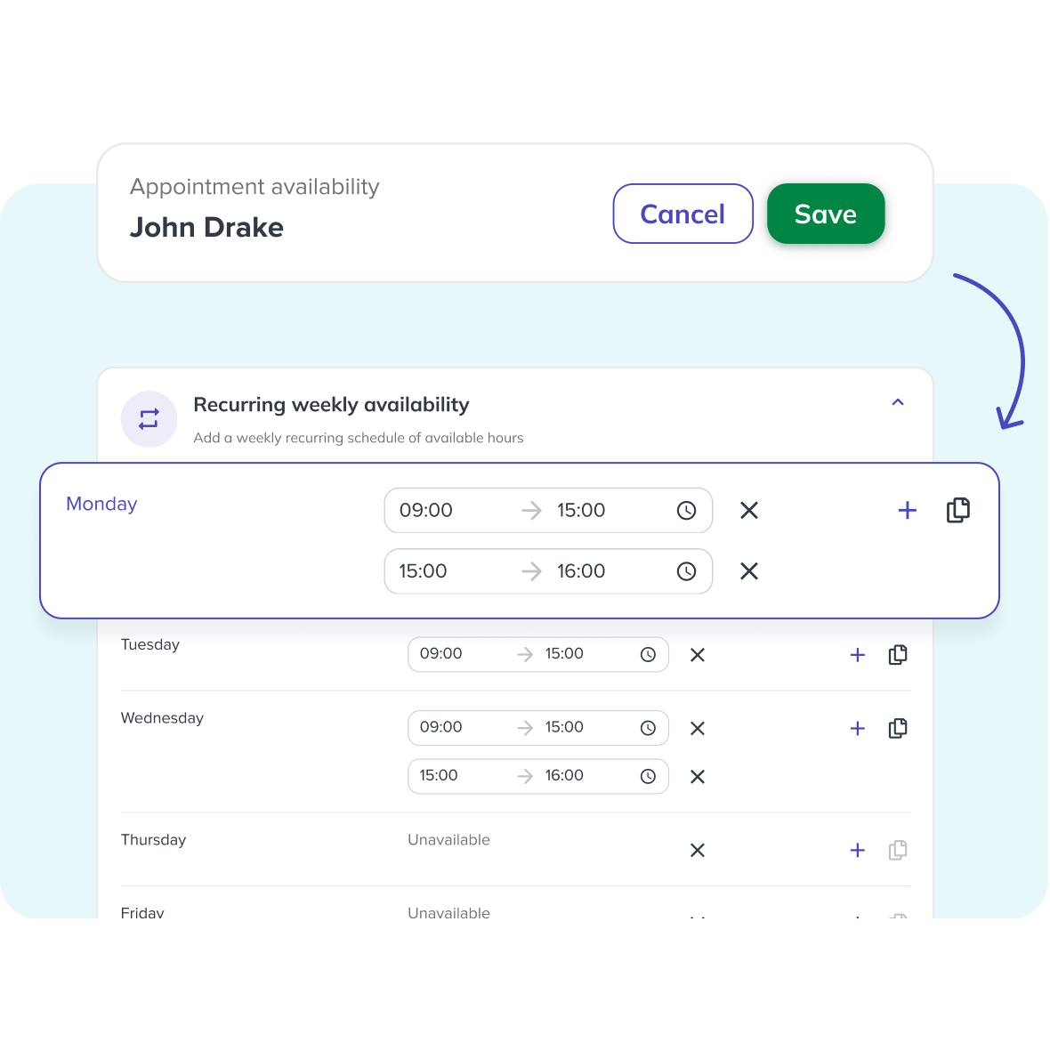Glofox 2026 scheduling dashboard showing recurring class setup, instructor assignment, and capacity limits in one screen