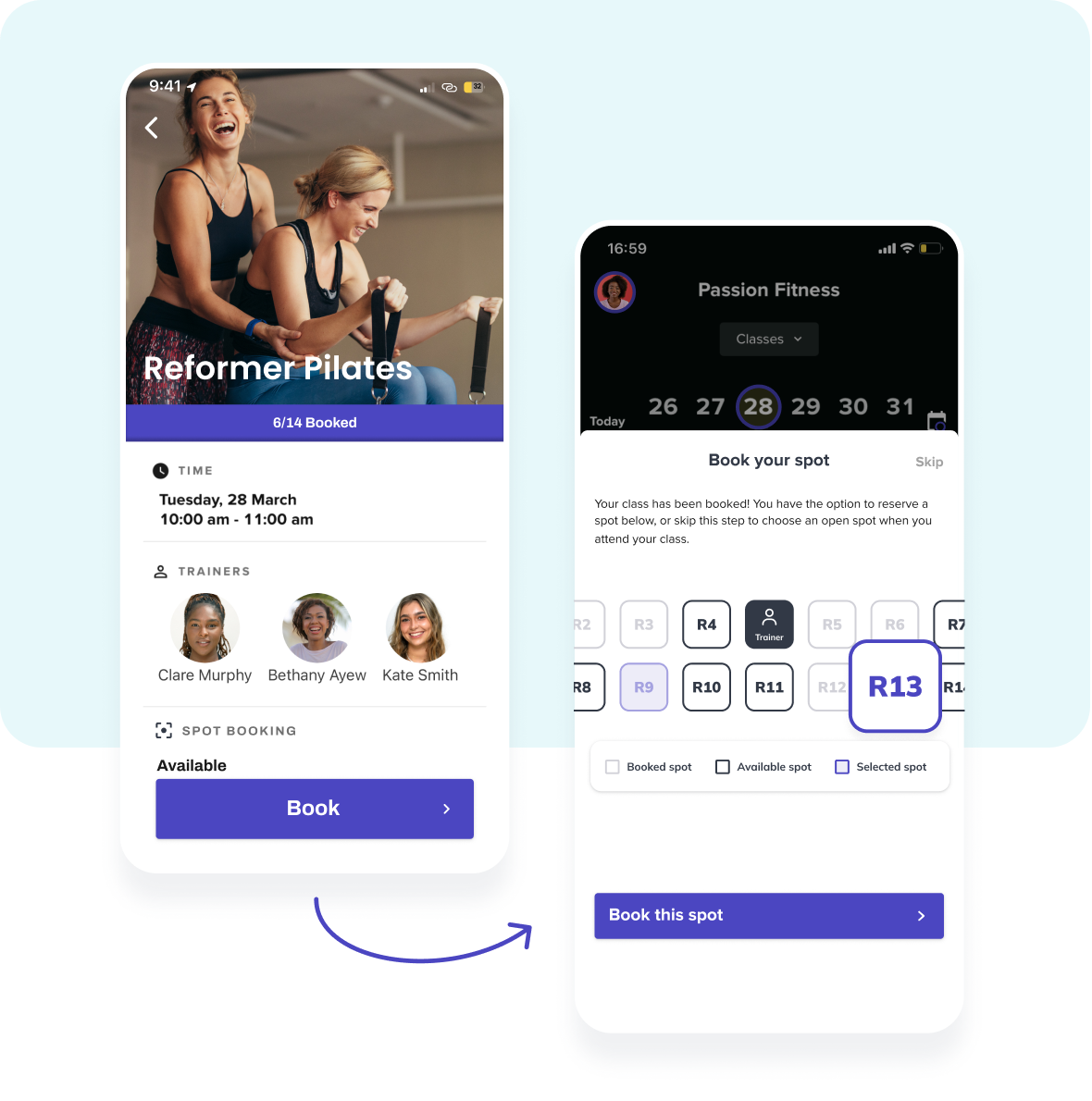 Glofox member app screen showing instant class booking, spot selection, and confirmation