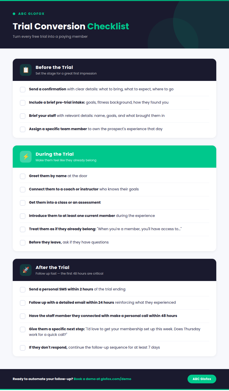 Improve Gym Trial Conversion Checklist ABC Glofox