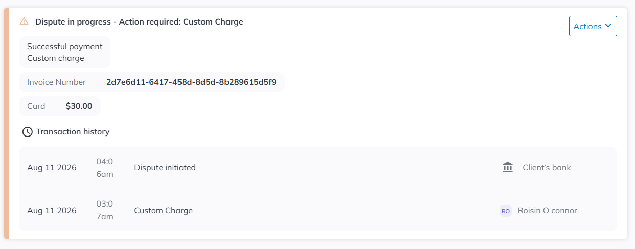 Glofox invoice card showing Action Required status for an open payment dispute