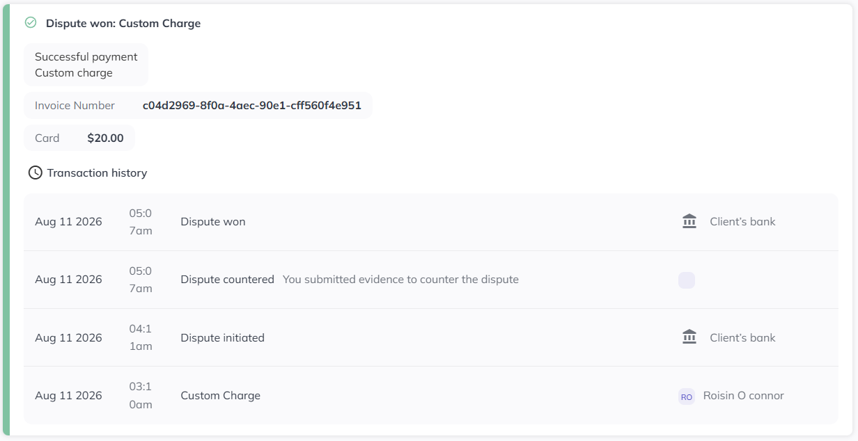 Glofox invoice card showing Dispute Won status after a resolved chargeback